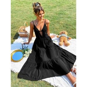 boho Cut Out Front Ruffle Hem Cami midi Dress black